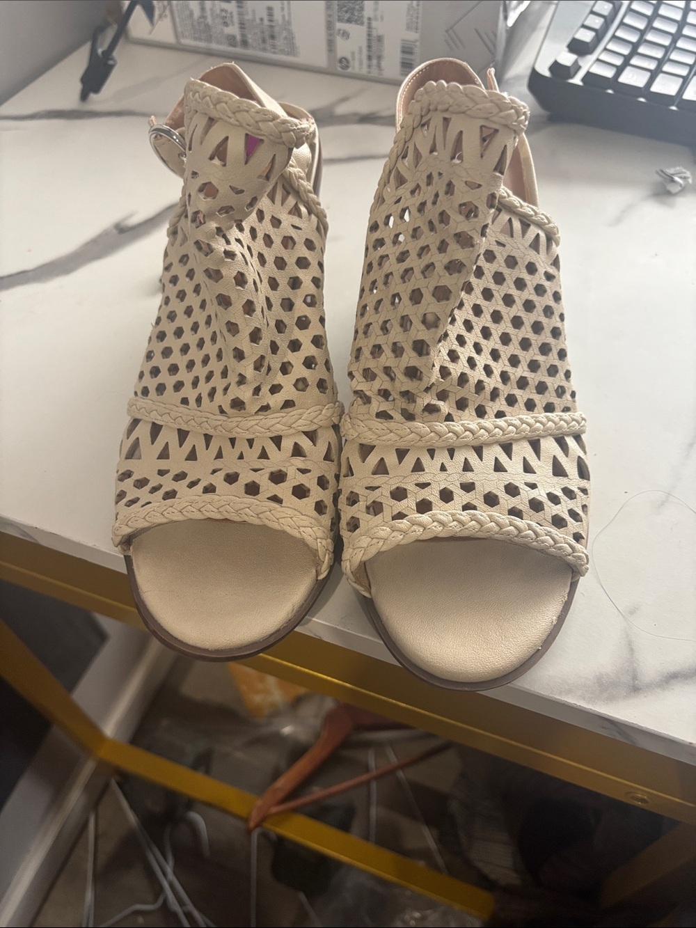 Massini Women’s Tan Perforated Wedge Sandals with Ankle Strap